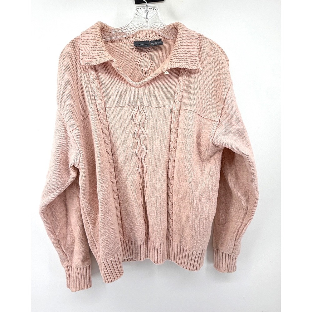 Lizwear Vintage Pink Cable Knit Cotton Polo Sweater Womens Large Long Sleeve